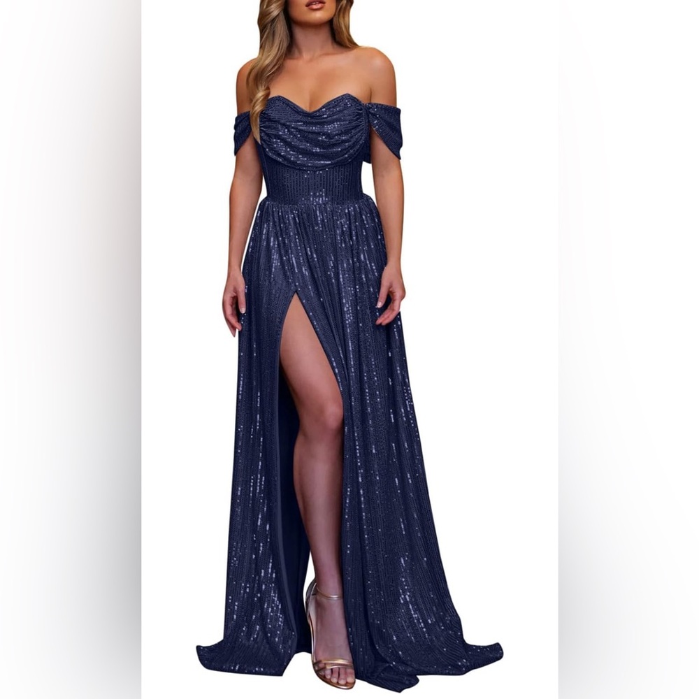 Off Shoulder Sequin Dress Long Ball Gown Slit V Neck A Line Formal Party Gown